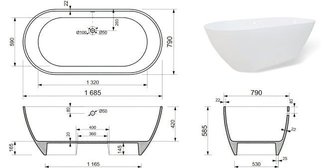 Ванна из литьевого мрамора Эстет Майами 1680х785 (ФР-00003615) Ванна из литьевого мрамора Эстет Майами 1680х785 (ФР-00003615)
