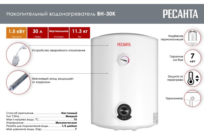 Водонагреватель накопительный Ресанта ВН-30К