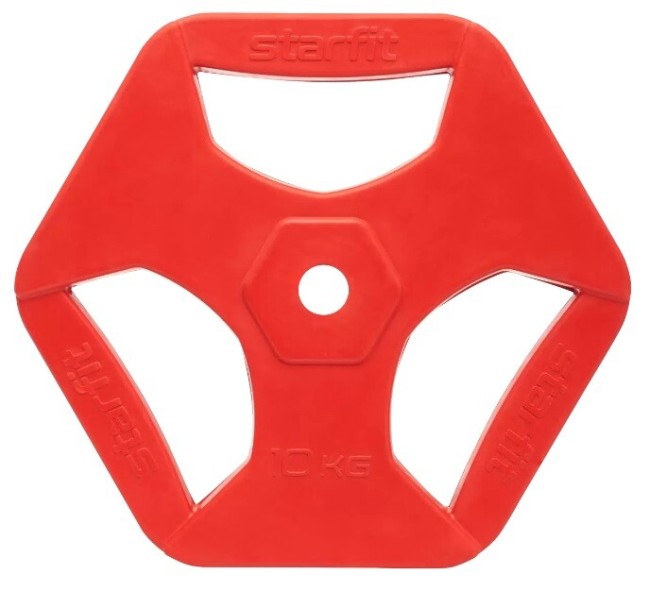 Диск обрезиненный Starfit BB-205 10 кг, d=26 мм, красный с хватами Диск обрезиненный Starfit BB-205 10 кг, d=26 мм, красный с хватами