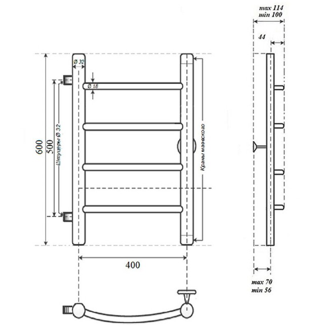 Полотенцесушитель водяной Point PN04546 П4 400x600 с боковым подключением 500, хром