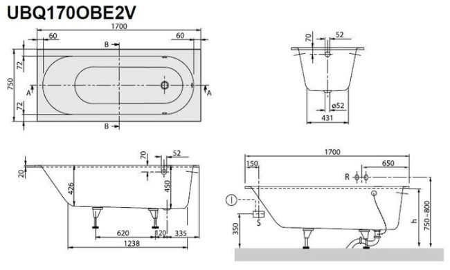 Квариловая ванна Villeroy & Boch Oberon UBQ170OBE2V-01