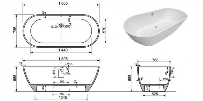 Ванна из литьевого мрамора Эстет Майами 1805х785 (ФР-00006013) Ванна из литьевого мрамора Эстет Майами 1805х785 (ФР-00006013)