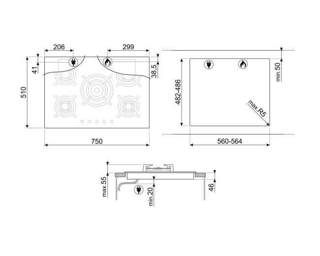 Встраиваемая газовая варочная панель Smeg PV675CNR Встраиваемая газовая варочная панель Smeg PV675CNR