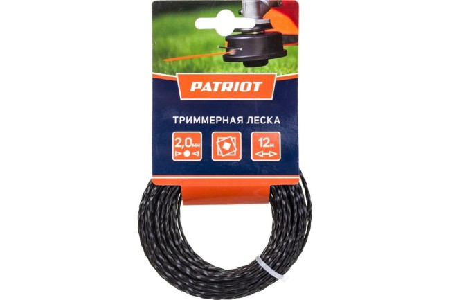 Корд триммерный Patriot 2.0мм 12м скрученный квадрат, черный (805205124) Корд триммерный Patriot 2.0мм 12м скрученный квадрат, черный (805205124)