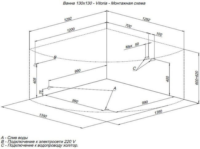 Ванна акриловая Aquanet Vitoria 130*130 к/с56 ф/п (310252) Ванна акриловая Aquanet Vitoria 130*130 к/с56 ф/п (310252)