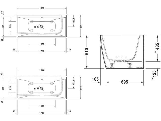 Ванна из литьевого мрамора Duravit DURASQUARE (700427000000000) белый