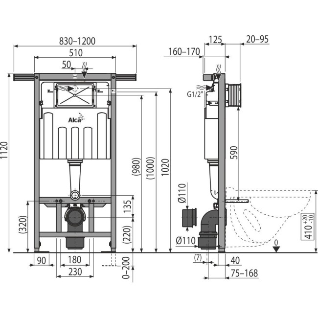 Готовое решение Alca Plast с кнопкой M71-001 хром глянец (AM101/1120-4:1RSM71-001)